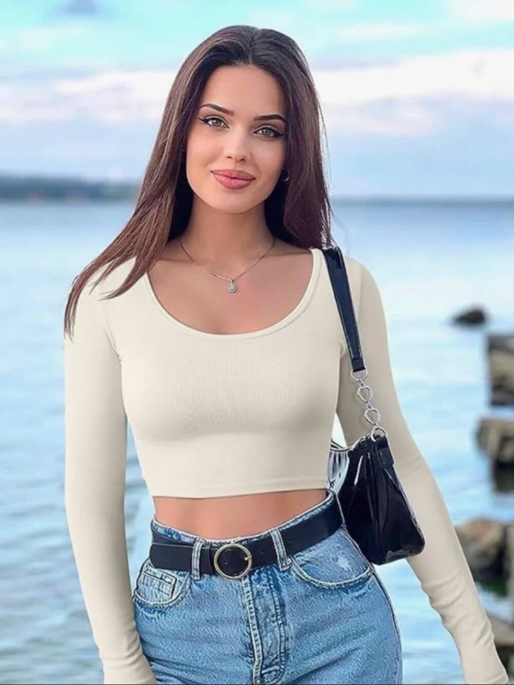 OQQ Womens Longsleeve Crop Top Round Neck Fitted Beige Mediuml NEW